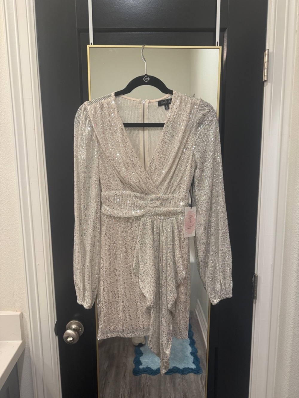 Silver Sequin Mini Dress with Waist Tie
